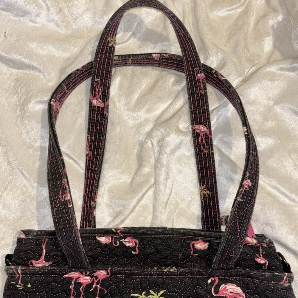 DONNA SHARP FLAMINGO NAVY BLUE AND PINK CANVAS TOTE/SHOULDER BAG ZIPPER CLOSURE - Picture 9 of 11